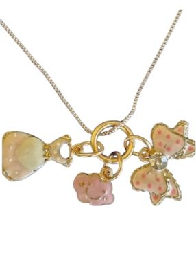 👗🎀BOGO* Charm Necklace with Dress, Bow, Cloud Off-White & Pink Charms NWOT🎀👗